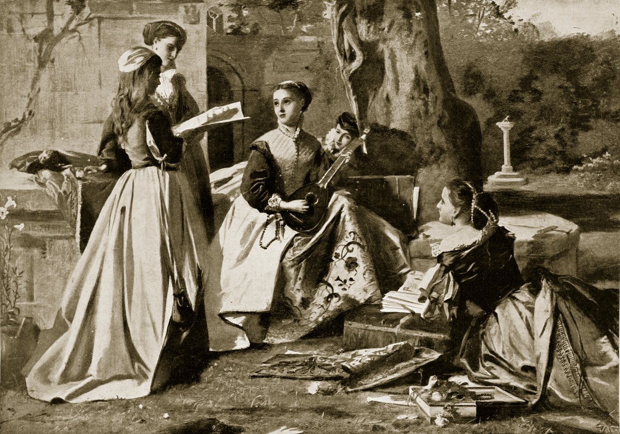 Mary Queen of Scots in een kloostertuin, illustratie uit Hutchinsons Story of the British Nation, ca. 1923 door English School