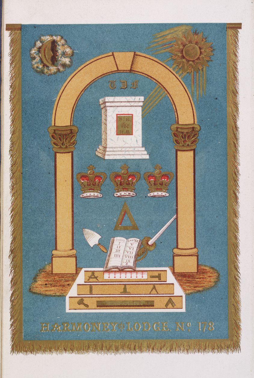 Embleem van de vrijmetselaarsloge met pilaren en diverse symbolen door English School