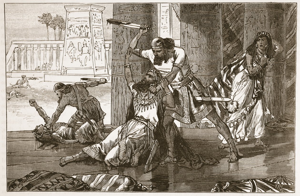 Slachting van de Hivieten door Simeon en Levi (litho) door English School