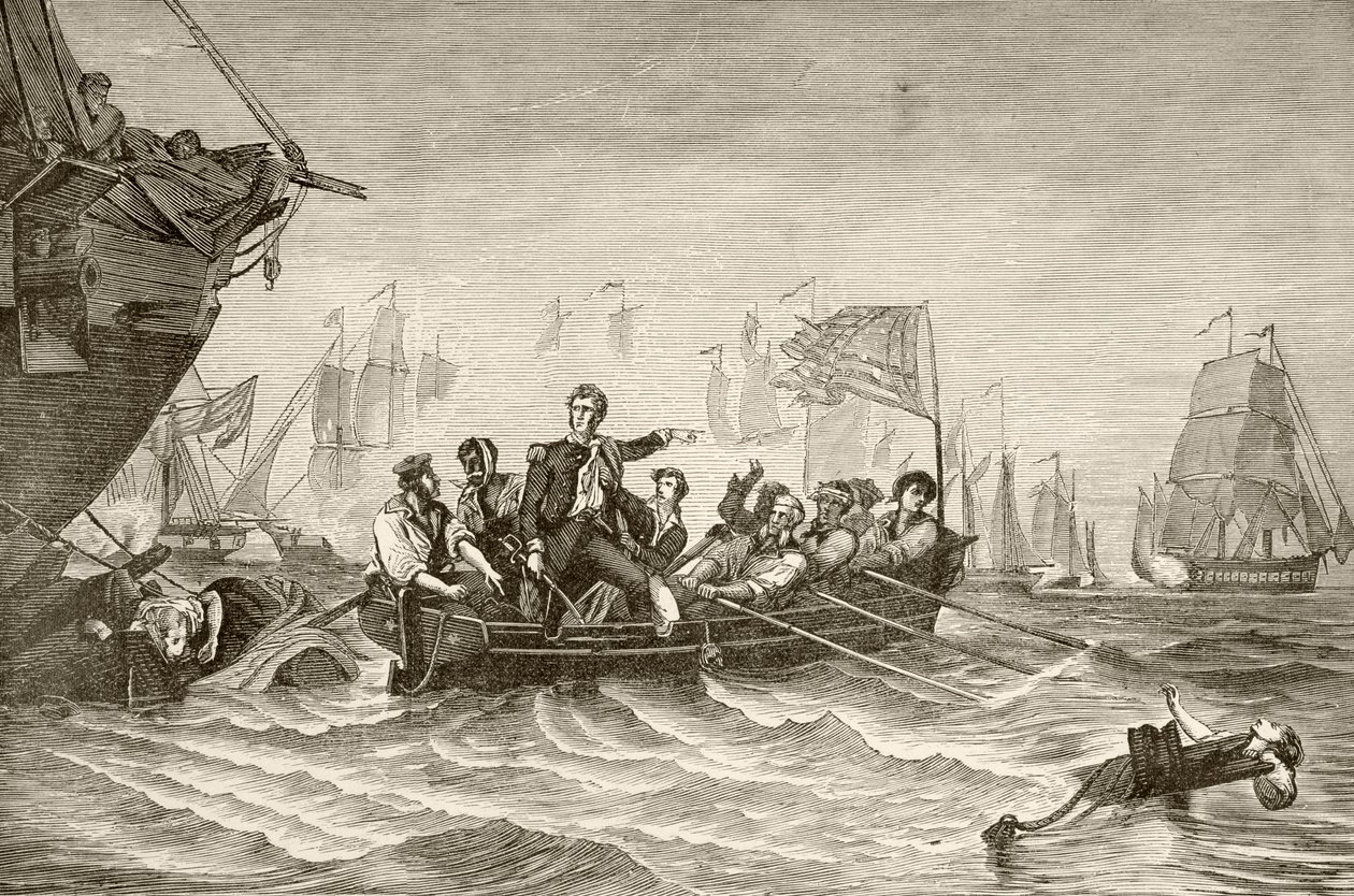 Commandant Oliver Hazard Perry die overgaat van US Brig Lawrence naar US Brig Niagra tijdens de Slag bij Lake Erie door English School