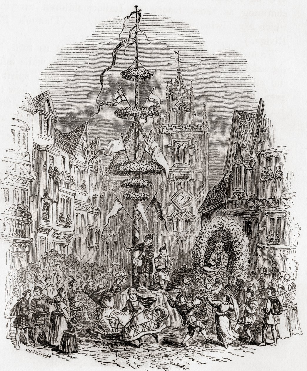 Meiboomdansen voor de St Andrew Undershaft Kerk, Londen, Engeland in de 19e eeuw, uit Old England: A Pictorial Museum, uitgegeven 1847 door English School