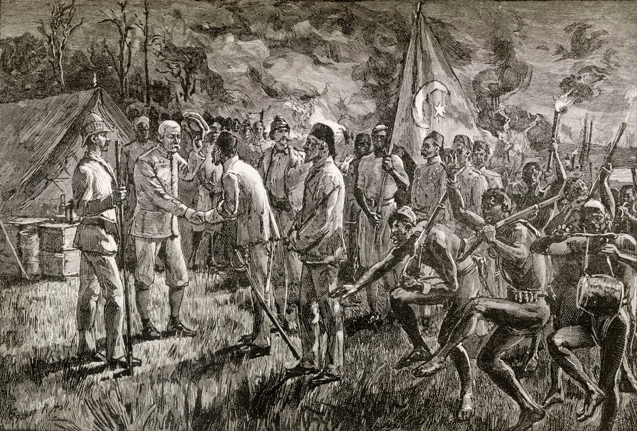 Mehmet Emin Pasha en Gaetano Casati arriveren bij het kamp van Sir Henry Morton Stanley aan de oever van het Albertmeer in 1889 door English School