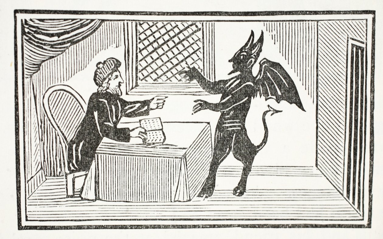 Mephistopheles komt naar het huis van de Dokter, illustratie uit Chap-books of the Eighteenth Century door John Ashton, gepubliceerd 1882 door English School