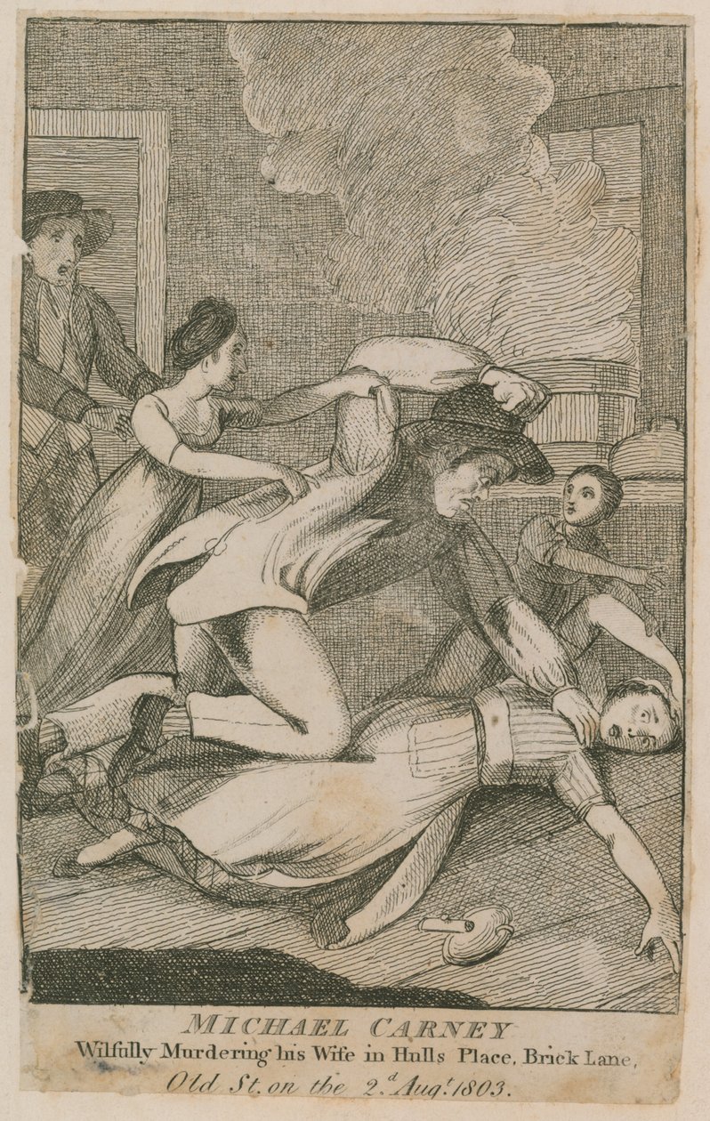 Michael Carney, moedwillig zijn vrouw vermoord in Hulls Place (gravure) door English School