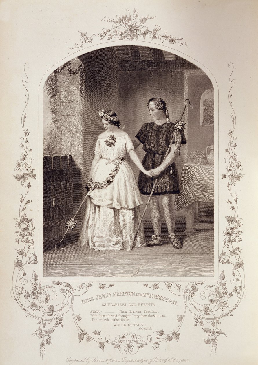 Miss Jenny Marston als Perdita en Mr F. Robinson als Florizel, Act IV Scene 3, in Het Winterverhaal door William Shakespeare (1564-1616) gegraveerd door Thomas Sherratt (fl.1860-80) van een daguerreotype door Pa door English School