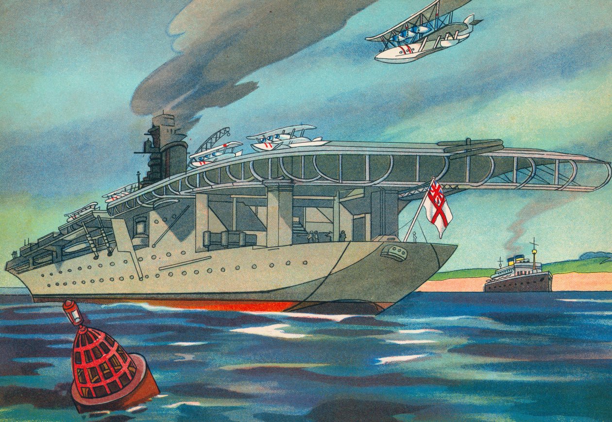 Modern vliegdekschip (kleurenlitho) door English School