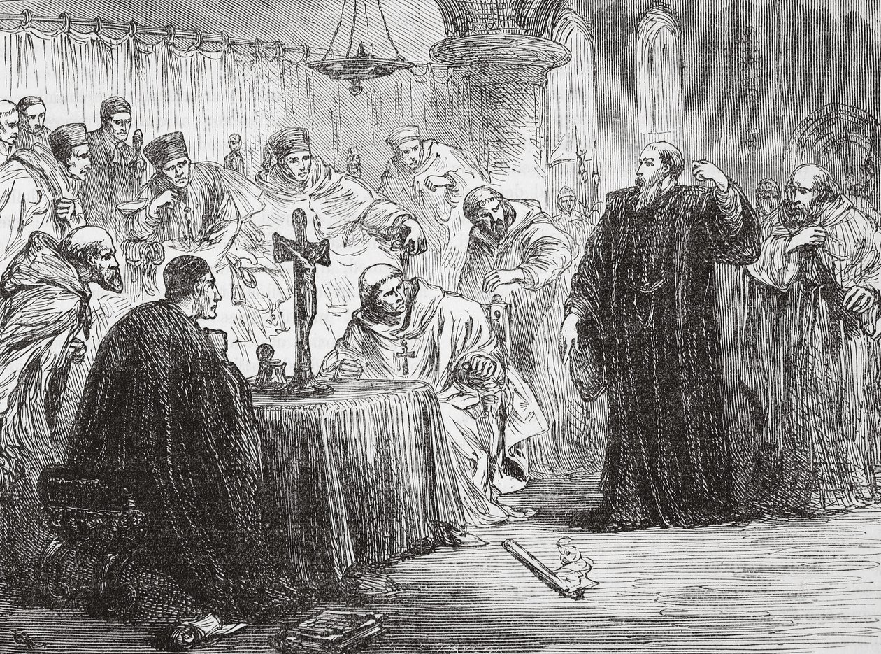 Mollio gooit zijn fakkel neer voor de Inquisitie, illustratie uit De Geschiedenis van het Protestantisme door James Aitken Wylie, gepubliceerd in 1878 door English School