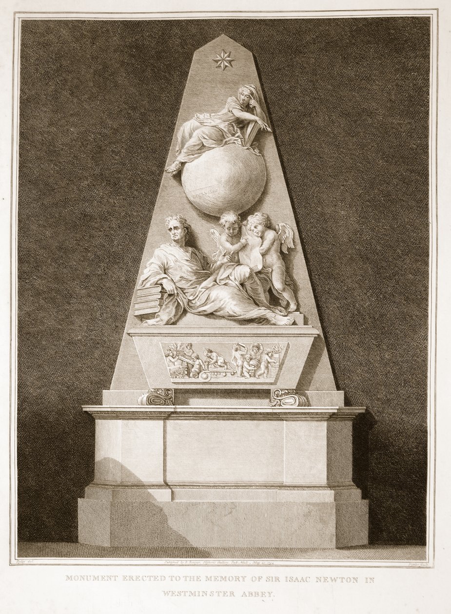 Monument opgericht ter nagedachtenis aan Sir Isaac Newton in Westminster Abbey, illustratie uit David Humes The History of England, uitgegeven door R. Bowyer, Londen, 1812 door English School