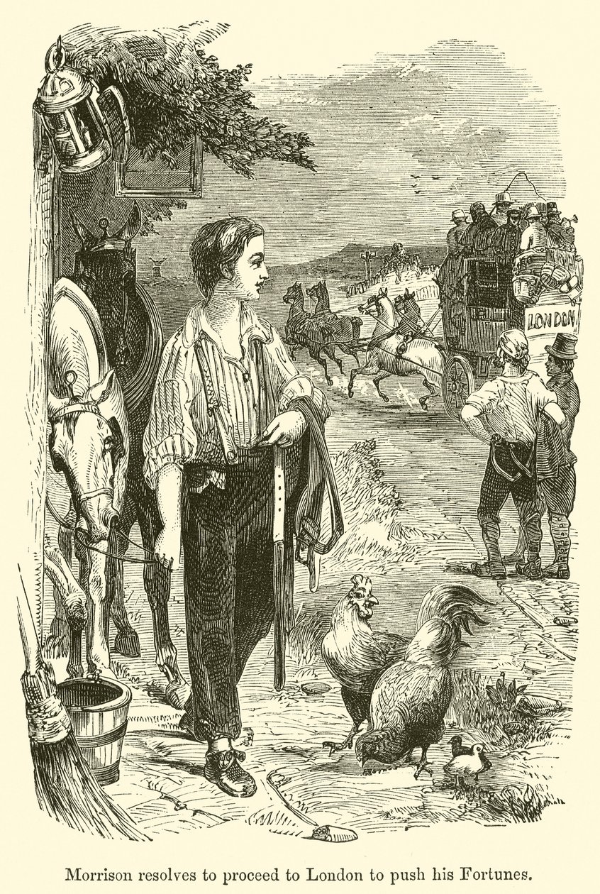 Morrison besluit naar Londen te gaan om zijn fortuin te vergroten (gravure) door English School