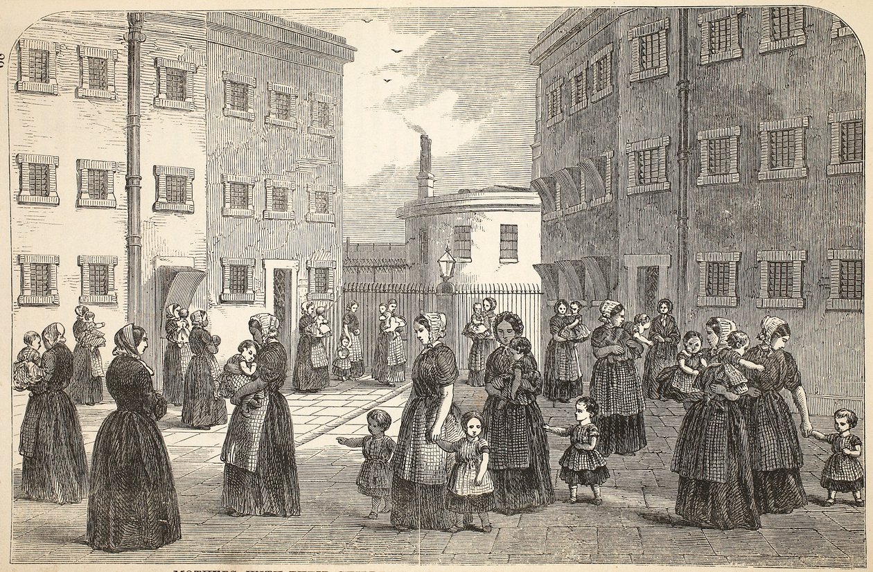 Moeders, met hun kinderen, aan het oefenen in Tothill Fields Prison, illustratie uit The Criminal Prisons of London and Scenes from Prison Life door Henry Mayhew en John Binny, uitgegeven in 1862 door English School