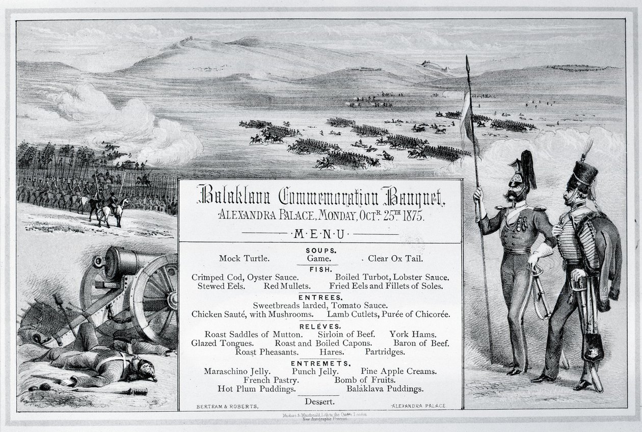 Gemonteerd geïllustreerd menu voor het Balaklava Herdenkingsbanket gehouden in Alexandra Palace, 25 oktober 1875 door English School