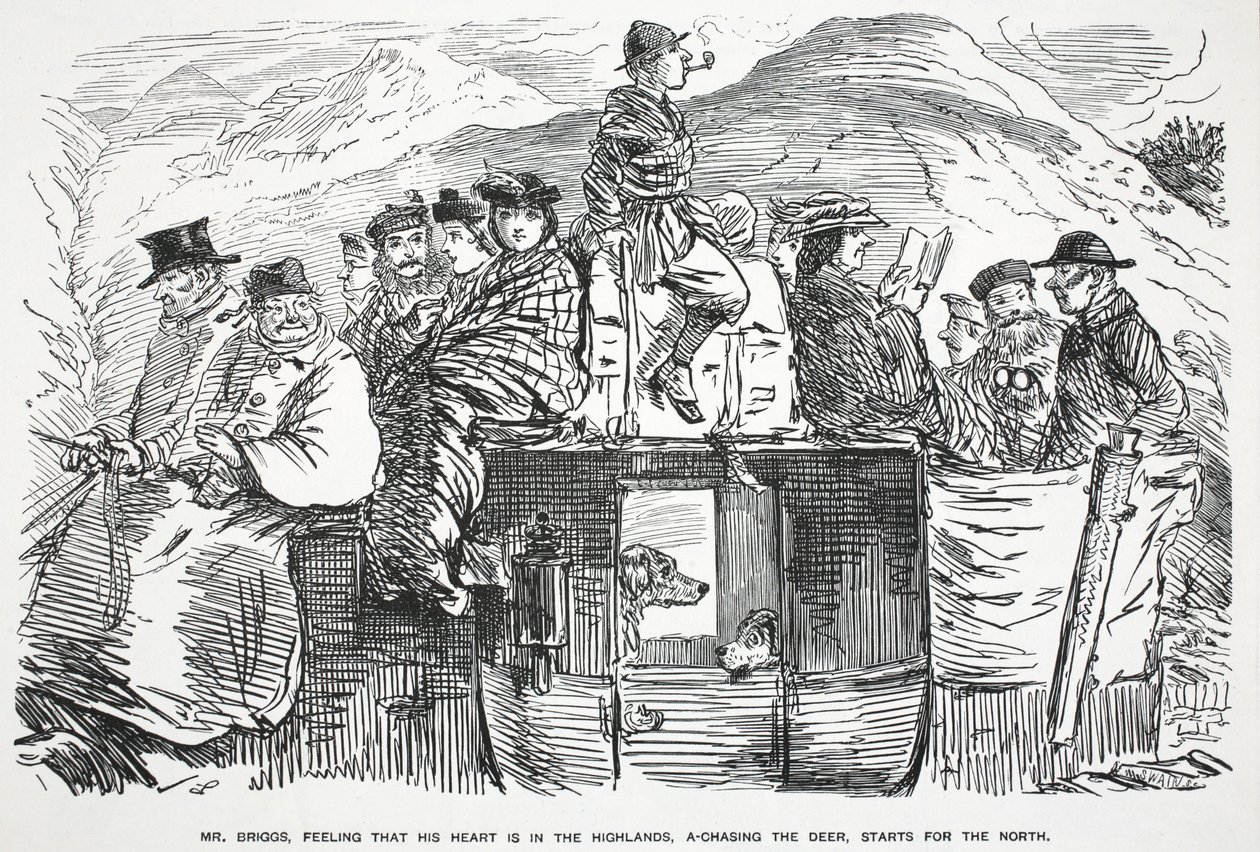Mr. Briggs, die voelt dat zijn hart in de Hooglanden is, op jacht naar het hert, vertrekt naar het noorden, illustratie uit Punch door English School