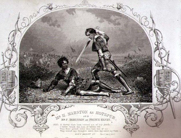 Mr. H. Marston als Hotspur en Mr. F. Robinson als Prins Hendrik, Act V Scene 4 uit Henry IV (Part I) van een daguerreotype door Paine van Islington, uitgegeven door John Tallis & Co. (litho) door English School