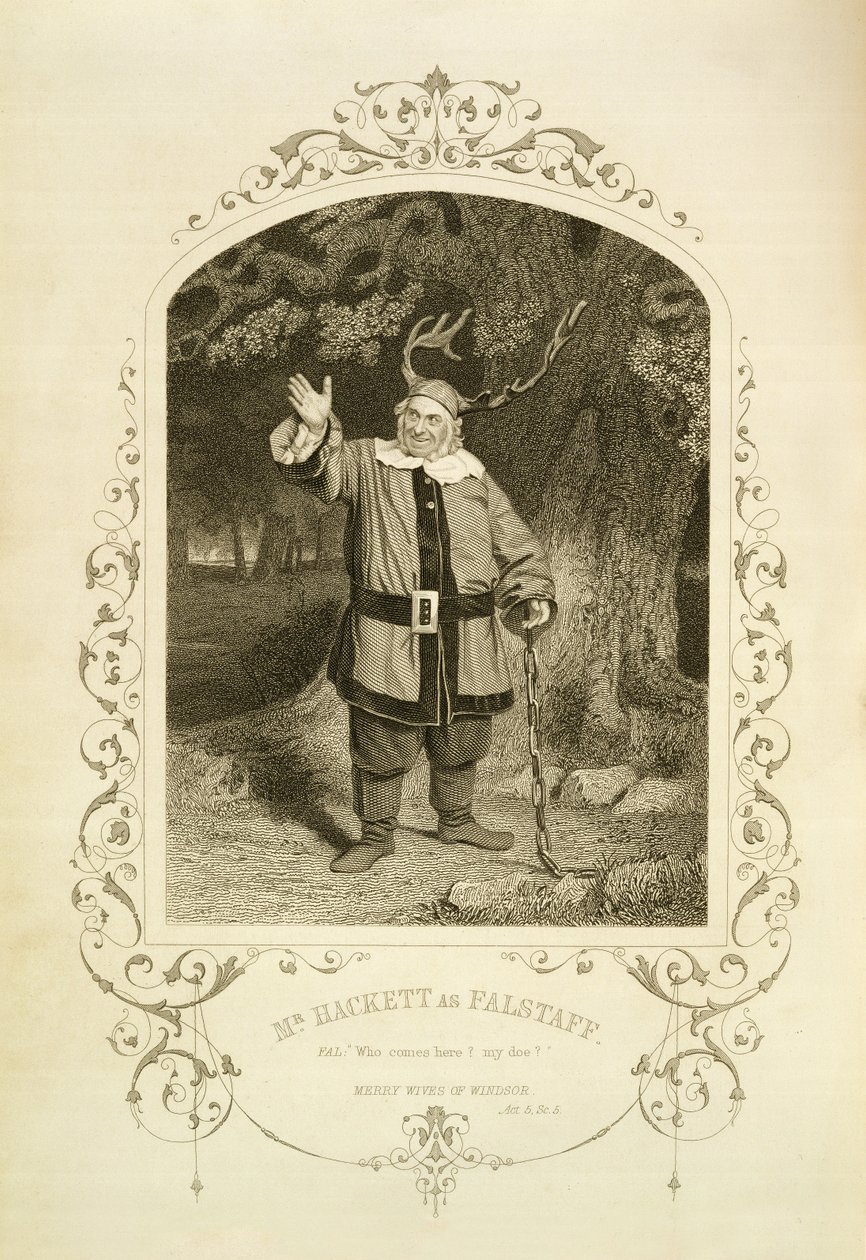Mr Hackett als Falstaff, Act V Scene 5, in De Vrolijke Vrouwtjes van Windsor door William Shakespeare (1564-1616) gegraveerd door George Hollis (1792-1842) van een daguerreotype door J.P. Mayall (1810-1901) (gravure) door English School