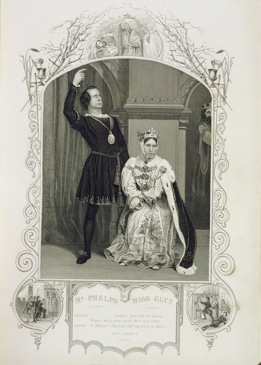 De heer Phelps als Hamlet en juffrouw Glyn als koningin Gertrude, Act III Scene 4, in Hamlet door William Shakespeare (1564-1616) door English School