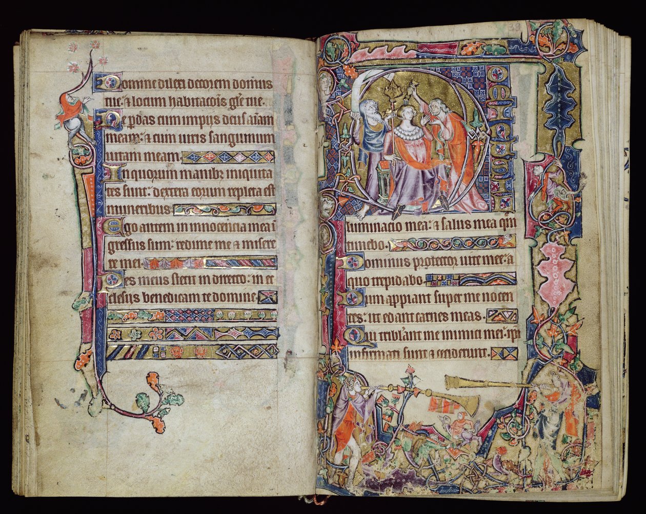 Ms 1-2005, ff.38v-39r: De Zalving van David, gehistorieerde D initiaal uit de Macclesfield Psalter, Gebruik van Sarum, Oost-Anglia, c.1330 door English School
