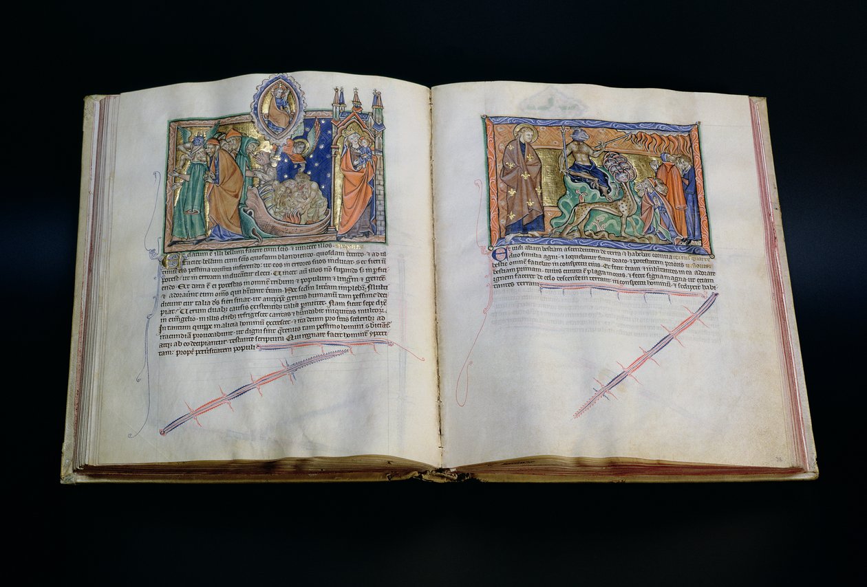 Het beest lastert Gods naam, en de mensen aanbidden het 3e en 2e beest, uit de Gulbenkian Apocalyps, c.1265-70 door English School