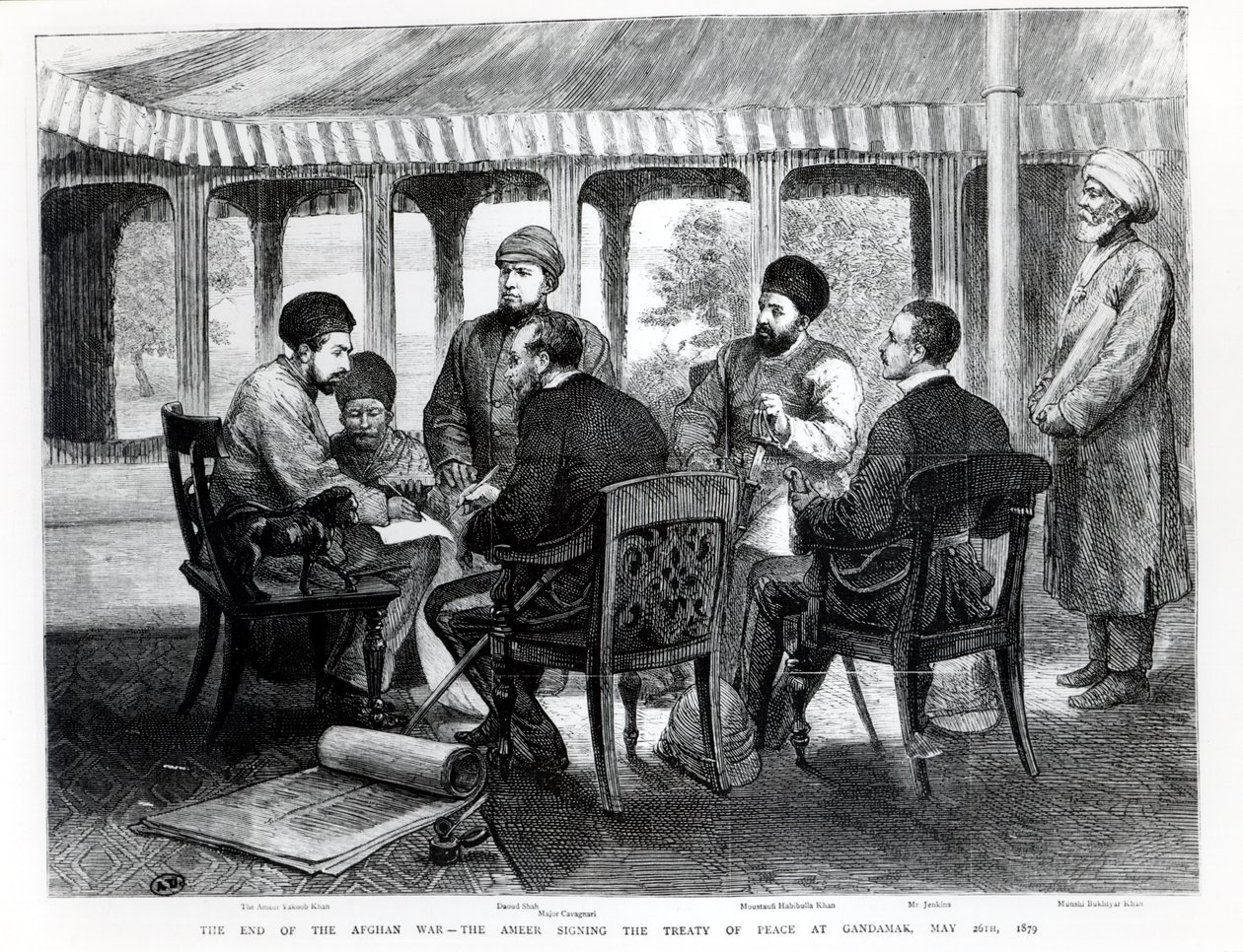 Muhammad Yaqub Khan (1849-1923) ondertekent het vredesverdrag in Gundamak op 26 mei 1879 door English School