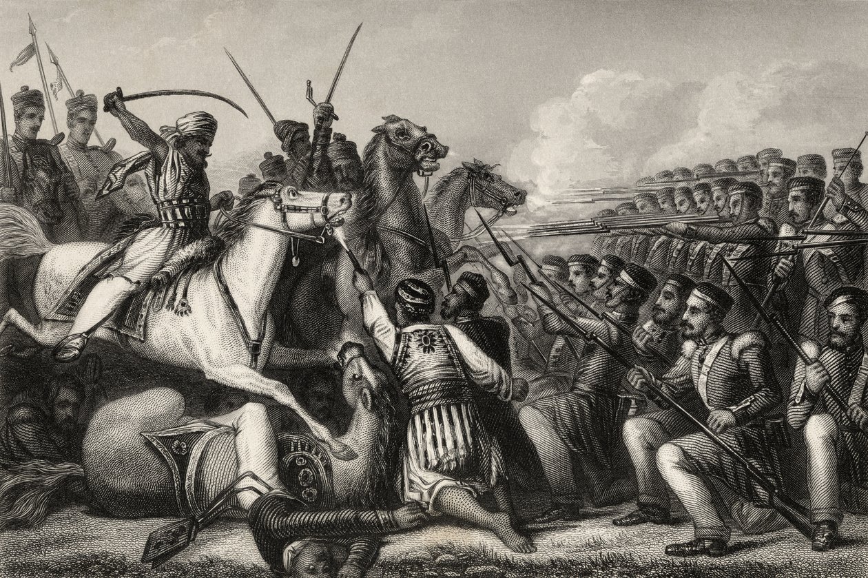 Mutinier cavalerie valt een infanterie vierkant aan bij de Slag om Cawnpore in 1857, uit 