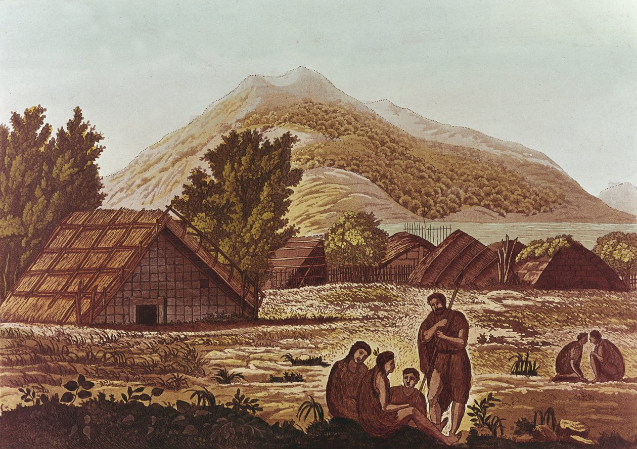 Inboorlingen, met hutten en bergen op de achtergrond, gegraveerd door F. Fumagalli (kleurgravure) door English School
