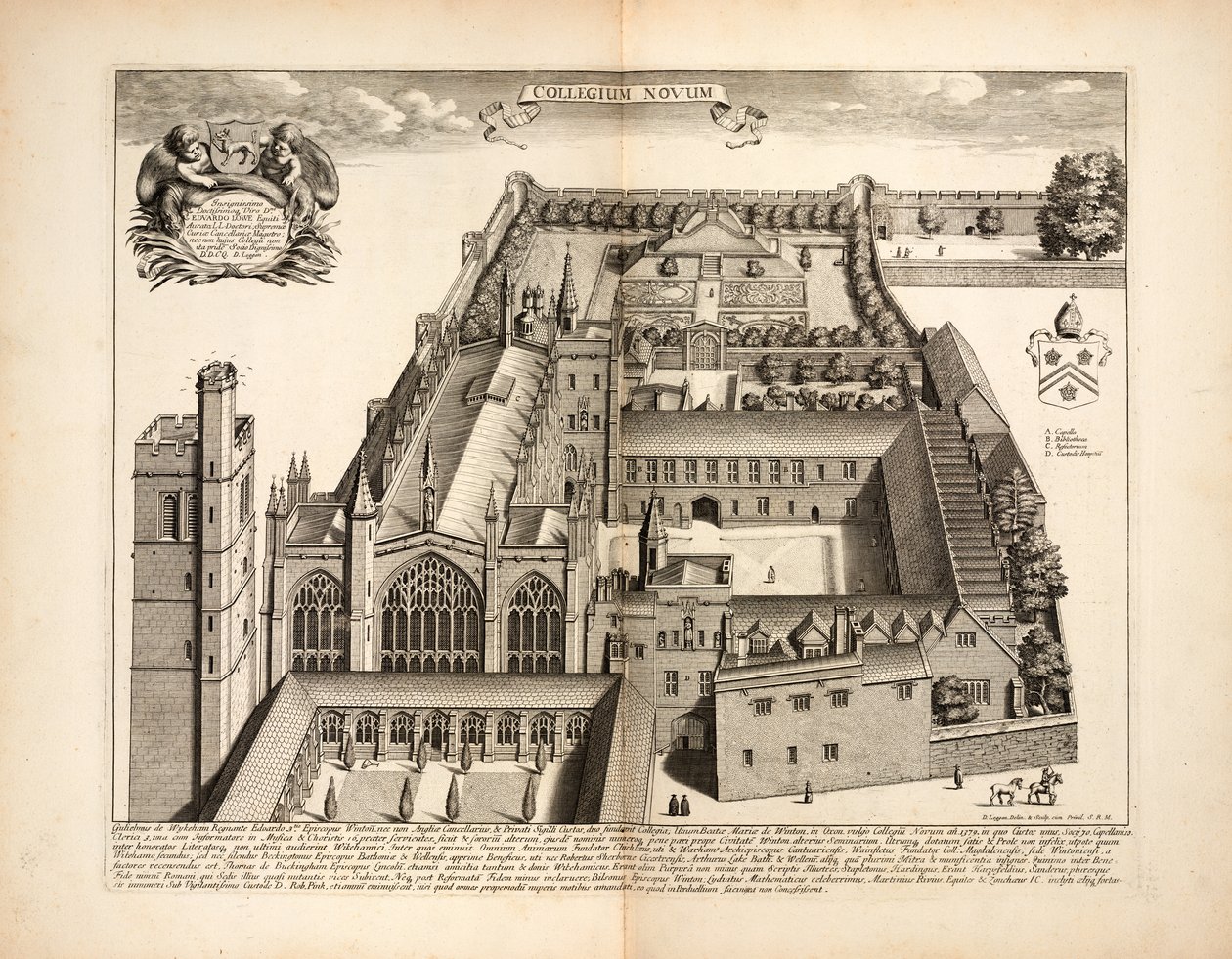New College, plaat 19 uit Oxonia Illustrata door David Loggon, Oxford 1675 door English School