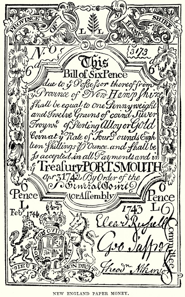 New England papiergeld (gravure) door English School