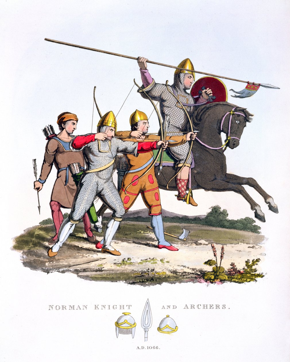 Normandische ridder en boogschutters, 1066, uit Oud Wapenrusting, door Samuel Rush Meyrick, 1824 door English School
