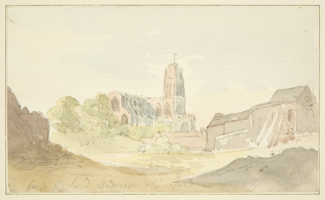 Noordoostelijk uitzicht op St. Mary Redcliffe vanaf Harford Anderson Garden door English School
