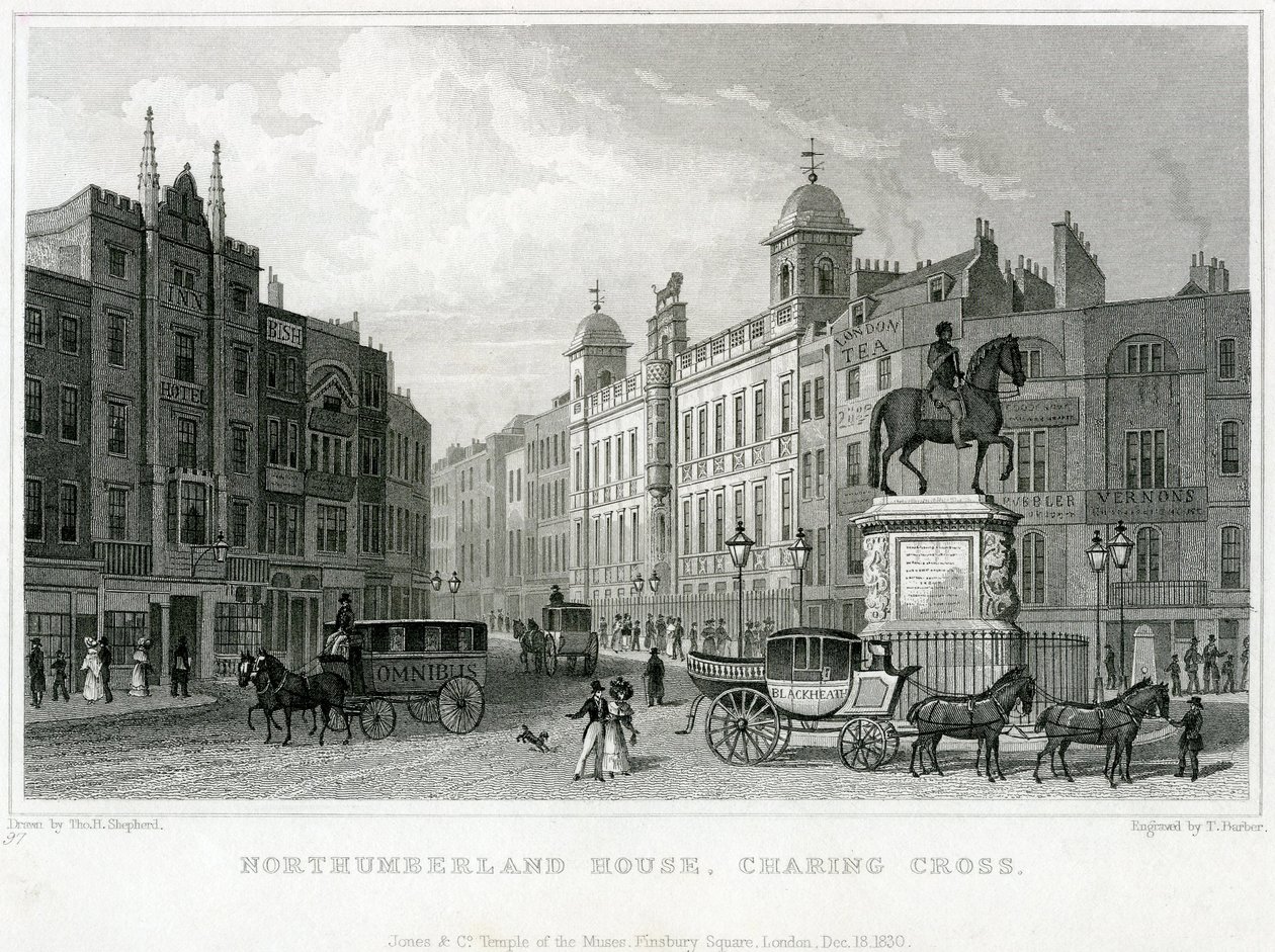 Northumberland House, Charing Cross. Bishs Loterijkantoor, No 9 Charing Cross, is naast het Golden Cross Hotel door English School