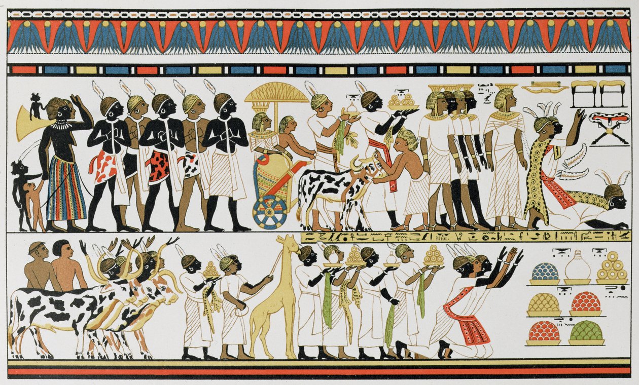 Nubische stamhoofden brengen geschenken aan de Koning van Egypte, kopie van een Oud-Egyptische muurschildering uit een graf in Thebe, ca.1380 v.Chr., uit De Geschiedenis van de Mensheid, Vol.III, door Prof. Friedrich Ratzel, 1898 door English School