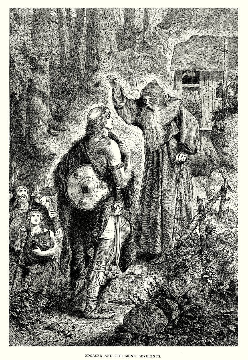 Odoacer en de monnik Severinus (gravure) door English School