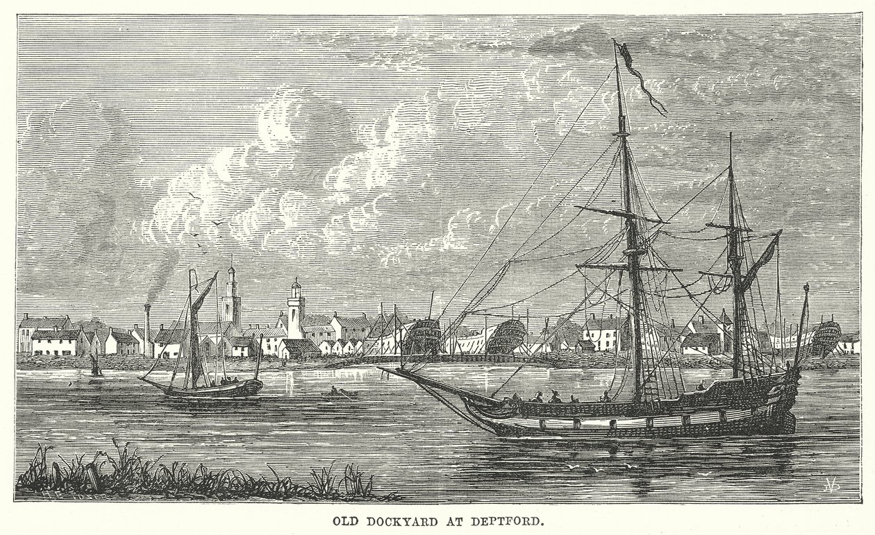 Oude Dockyard in Deptford (gravure) door English School