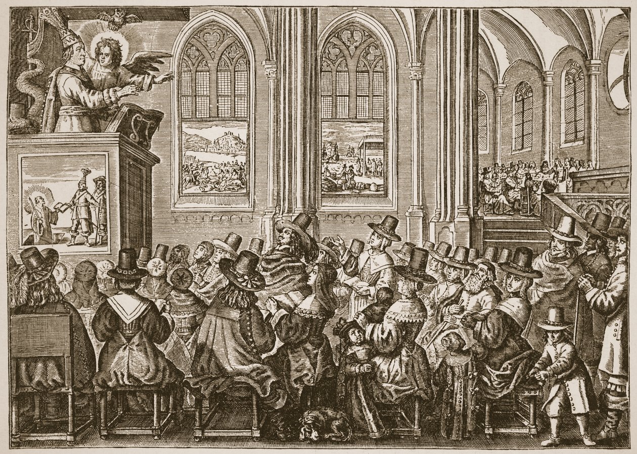 Oliver Cromwell predikt voor een puriteinse gemeente, illustratie uit De Kerk van Engeland: Een Geschiedenis voor het Volk door H.D.M. Spence-Jones door English School