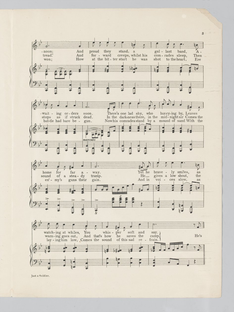 Pagina 3 van een muziekpartituur voor het lied Just a Soldier door English School