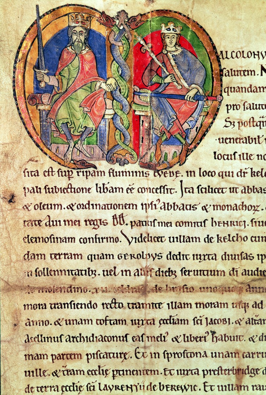 Pagina uit het charter van Kelso Abbey met een verlichte initiaal die koning David I (1084-1153) en zijn kleinzoon Malcolm IV (1141-65) afbeeldt 1159 door English School