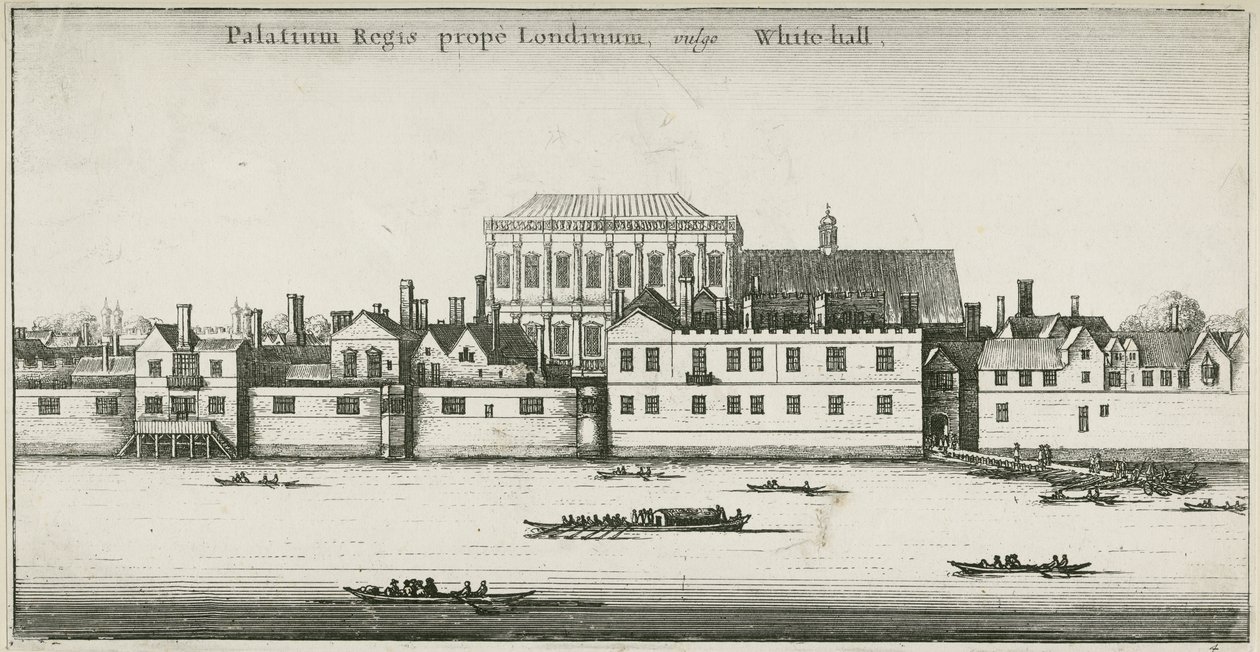 Paleis van Whitehall vanaf de rivier de Theems, Westminster, Londen, VK (ets) door English School
