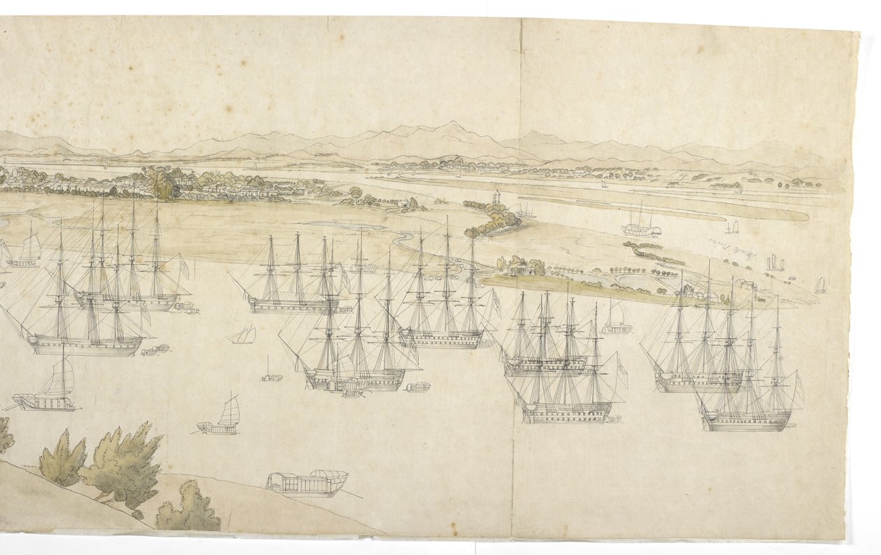 Panorama (rechterhelft) van Whampoa vanaf Dane Island, met Britse en Amerikaanse schepen in de ankerplaats door English School