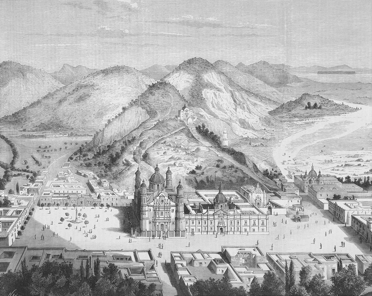 Panoramisch uitzicht op de Basiliek van Guadalupe, Mexico-Stad 1880s door English School