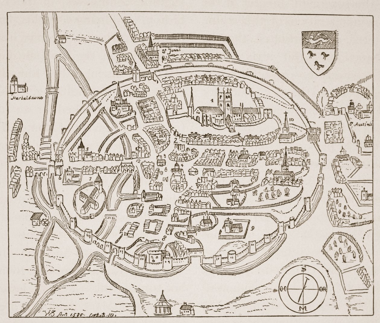 Panoramisch uitzicht op Canterbury in de zestiende eeuw, illustratie uit De Kerk van Engeland: Een Geschiedenis voor het Volk door H.D.M. Spence-Jones door English School