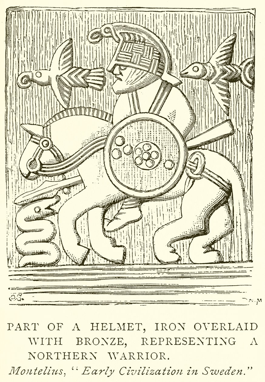 Deel van een helm, ijzer bedekt met brons, voorstellende een noordelijke krijger (gravure) door English School