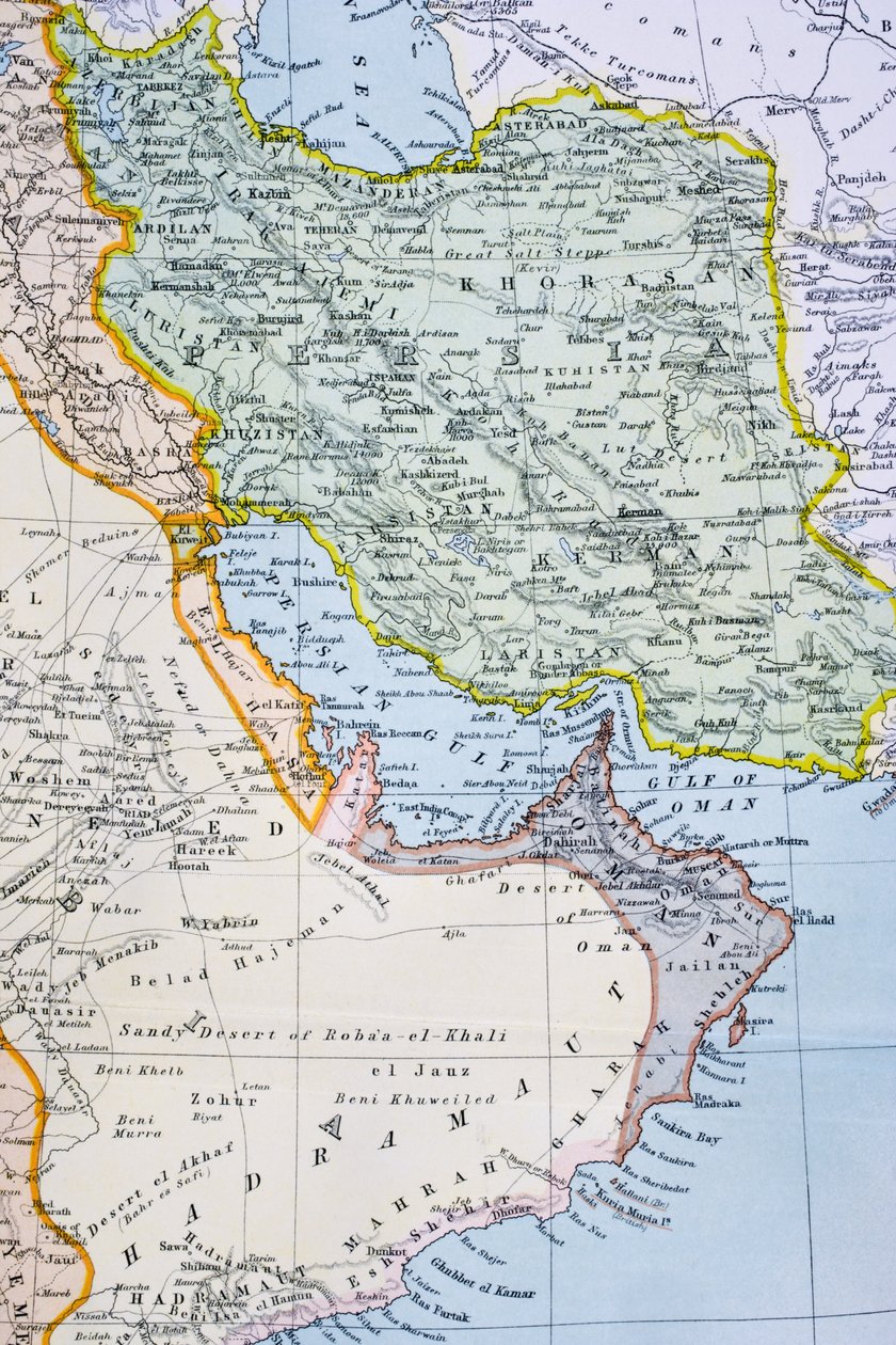 Gedeeltelijke kaart van het Midden-Oosten met de Rode Zee, Perzische Golf en Hoorn van Afrika in de jaren 1890, uit 
