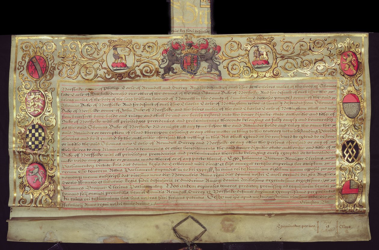 Octrooi voor het herstel van het hertogdom Norfolk, door Karel II, 1660 door English School