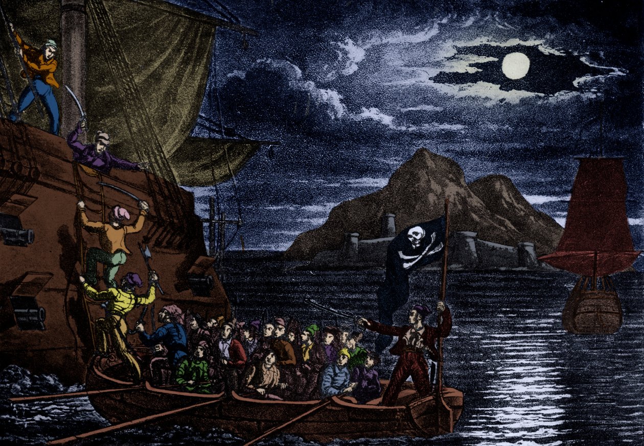 Piraten enteren een Spaans schip, West-Indië, illustratie uit 