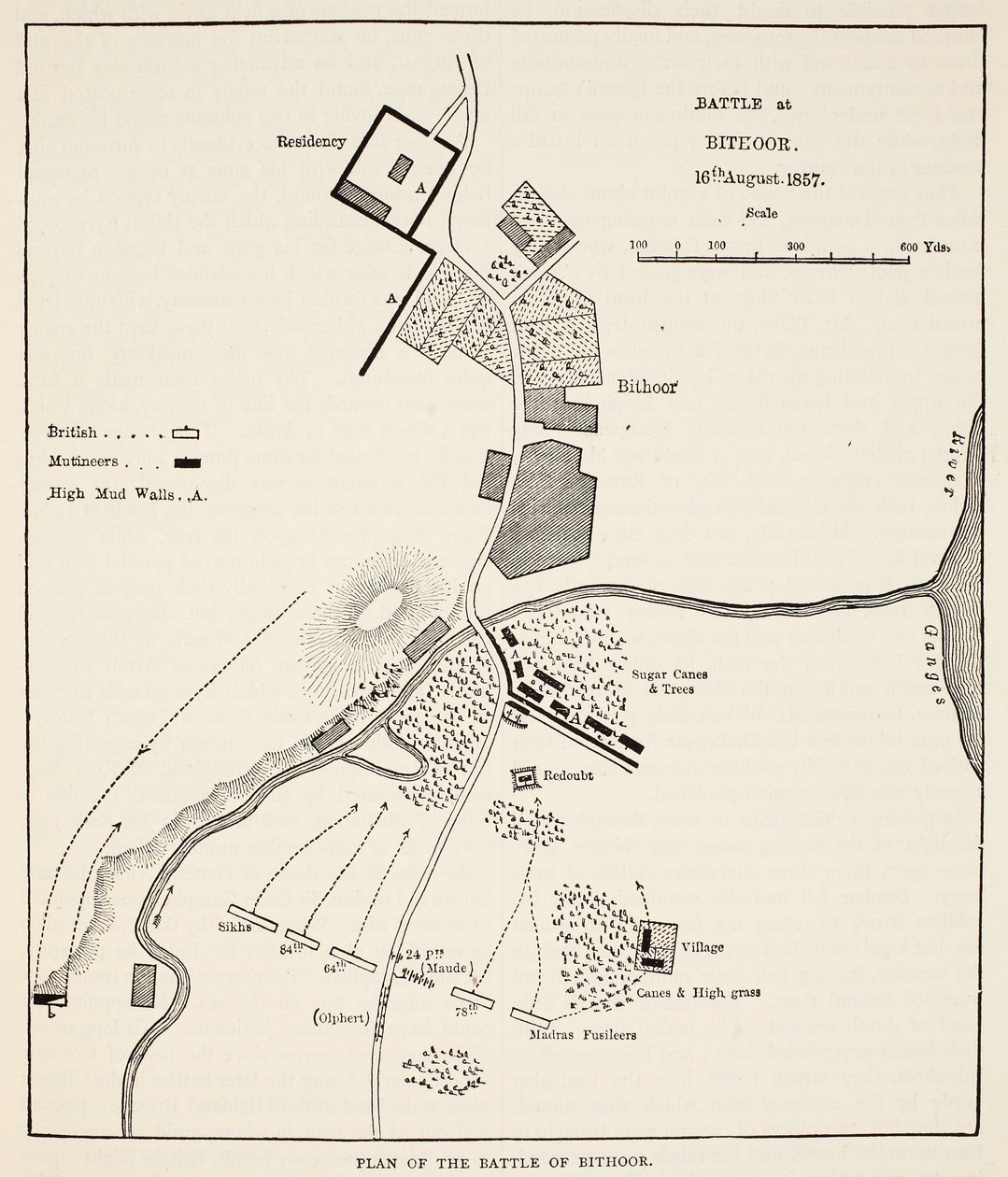 Plan van de Slag bij Bithoor, 16 augustus 1857, uit Cassells Geïllustreerde Geschiedenis van Engeland door English School