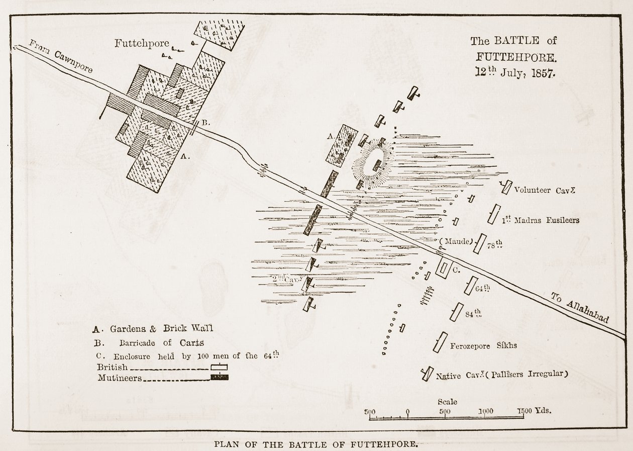 Plan van de Slag bij Futtehpore, 12 juli 1857, uit Cassells Geïllustreerde Geschiedenis van Engeland door English School