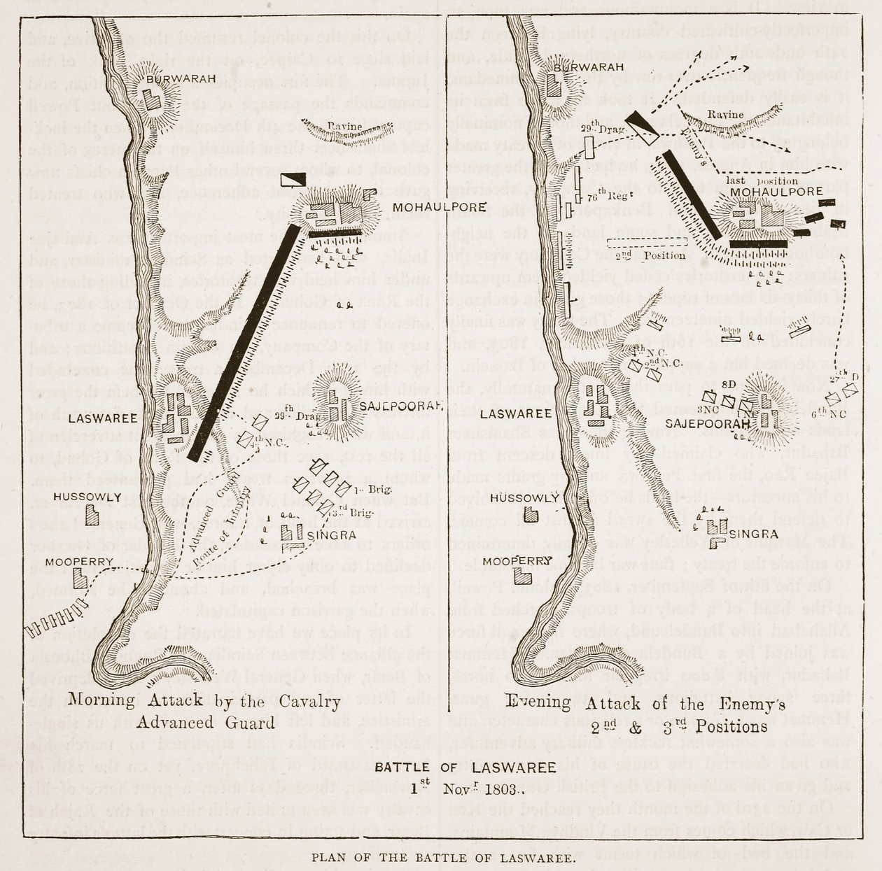 Plan van de Slag bij Laswaree, illustratie uit Cassells Geïllustreerde Geschiedenis van India door James Grant, uitgegeven 1879 door English School
