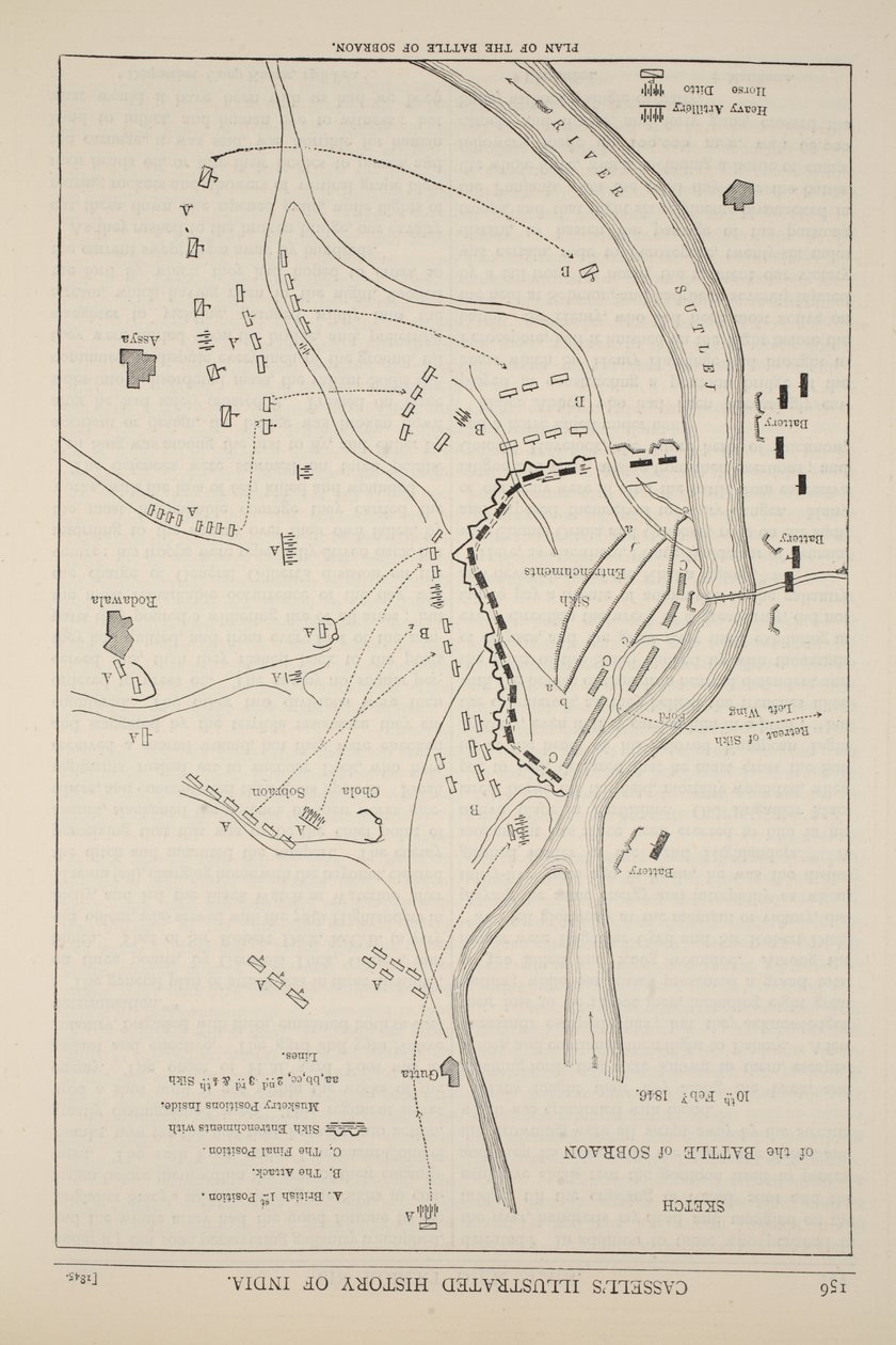 Plan van de Slag bij Sobraon, 10 februari 1846, illustratie uit Cassells Geïllustreerde Geschiedenis van Engeland door English School