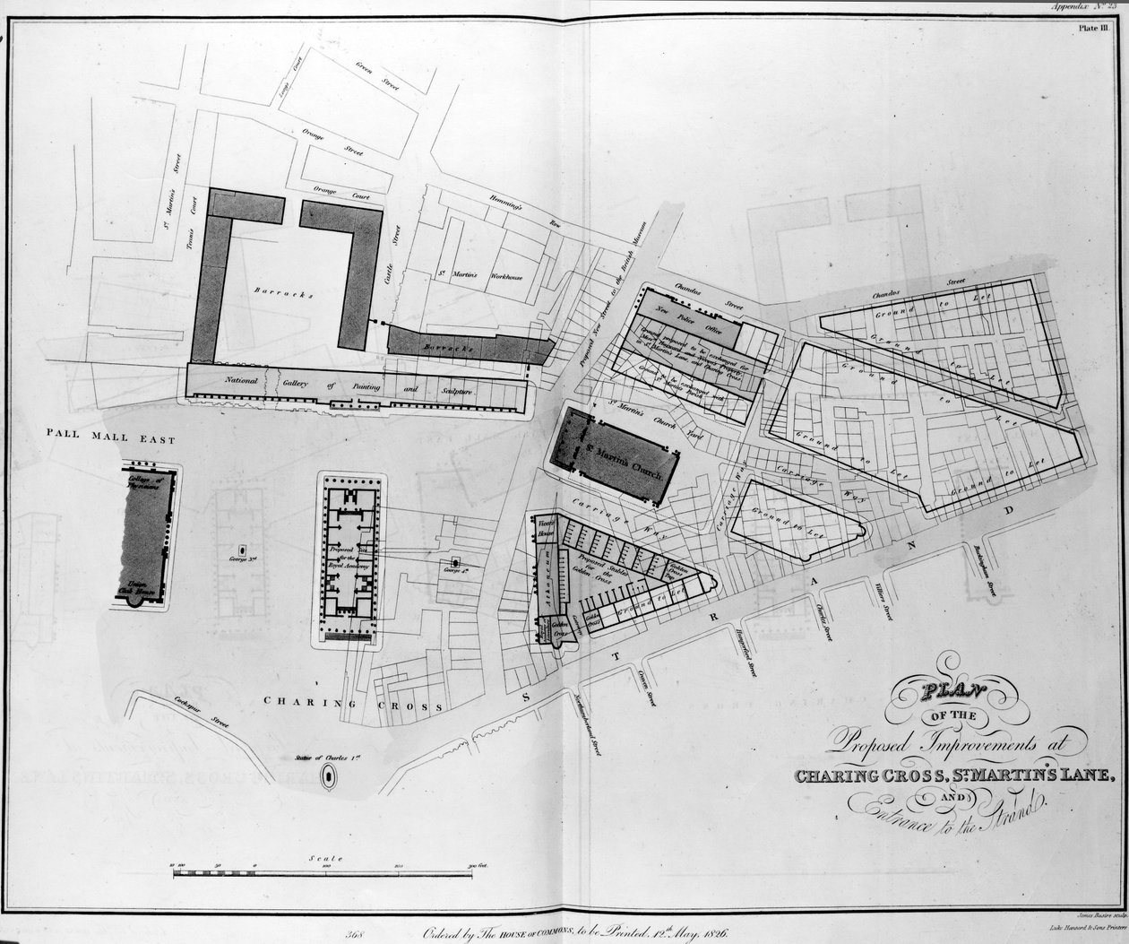 Plan van de voorgestelde verbeteringen bij Charing Cross, St. Martins Lane en ingang naar de Strand, gegraveerd door James Basire, 1826 door English School