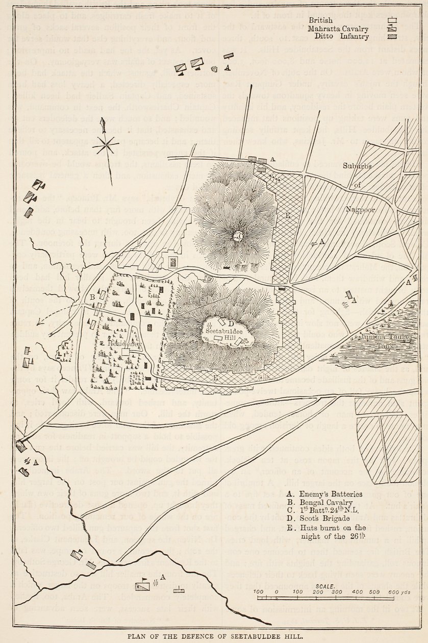 Plan van de verdediging van Seetabuldee Hill, illustratie uit Cassells Geïllustreerde Geschiedenis van India door James Grant, uitgegeven 1879 door English School