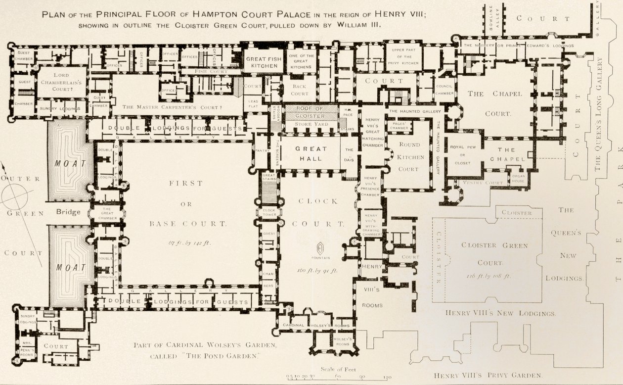 Plattegrond van de hoofdverdieping van Hampton Court Palace zoals het was tijdens het bewind van koning Hendrik VIII, uit Geschiedenis van Hampton Court Palace in Tudor-tijden door Ernest Law, gepubliceerd in Londen 1885 door English School